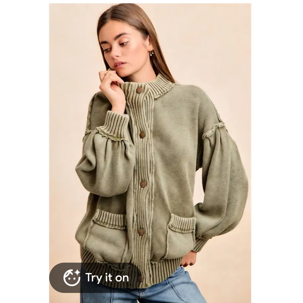 LuvLou Otis Cardigan Sage Green Snap Front Sweater/Jacket Size L NWT